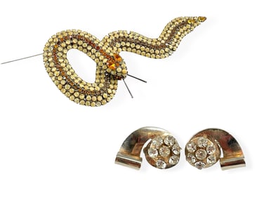 Large Vintage Snake Pin and Retro Rhinestone Earrings