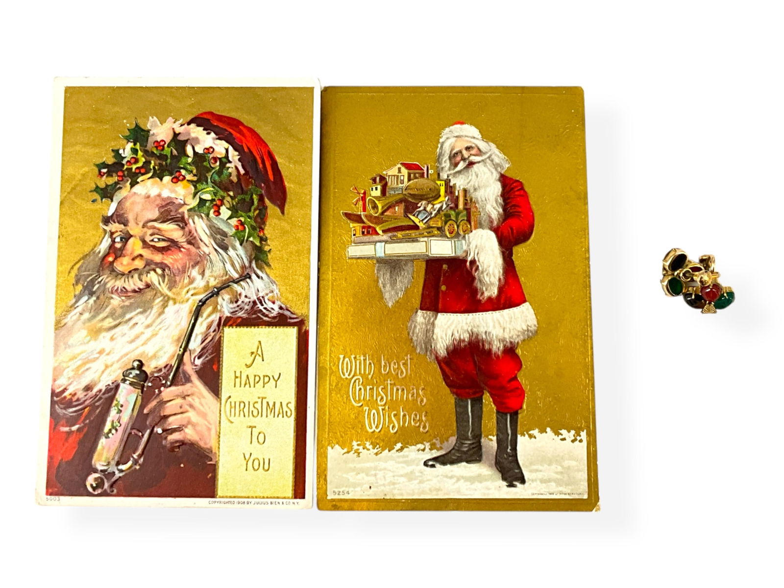 Two Antique Christmas Postcards (One From 1910) and a Pair of Hallmarked Gold-Tone Earrings: Two Antique Christmas Postcards (One From 1910) and a Pair of Hallmarked Gold-Tone EarringsTwo antique Christmas postcards include one which was never marked or sent featuring Santa Claus, and the oth
