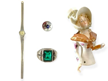 Sterling Silver Ring w/Sparkling Green Center, Armitron Ladies' Watch and Masonic Tack Pin