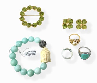 Pretty Peridot Cluster Circle Brooch w/Matching Earrings, Chalcedony Bracelet, Rings Including