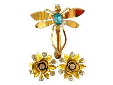 Vintage Blue Bug Brooch by Coro and Vintage DiamantÈ Flower Earrings