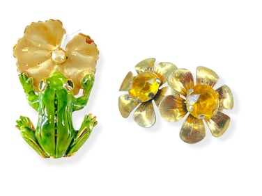 Vintage Flower Earrings Stamped "Sterling" and Charming Frog w/Lily Pad Brooch Stamped "Original by