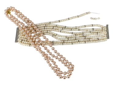 Eight-Strand Freshwater Pearl Bracelet and Pretty Pink Faux Pearl Strand