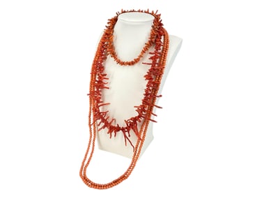 Branch Coral Necklace and Ankle Bracelet, Opera-Length Coral Bead Necklace