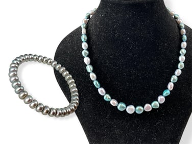 Blue & Gray Freshwater Pearl Necklace and Gray Freshwater Pearl Bracelet