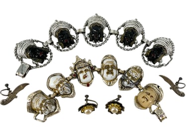 Two Vintage Face/Mask Bracelets (Likely Selro Selini) and Two Pair of Vintage Silver Earrings