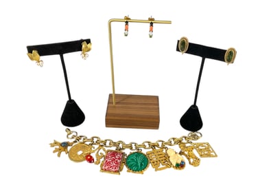 Vintage Charm Bracelet w/Asian Symbols and Three Pair of Vintage Fashion Earrings (Including