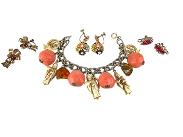 Vintage Bracelet with Asian Inspired Charms and Three Pair of Vintage Fashion Earrings