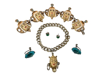 Gold-Tone Charm Bracelet with Female Face Charm and Bracelet with Decorative Men's Faces - Likely