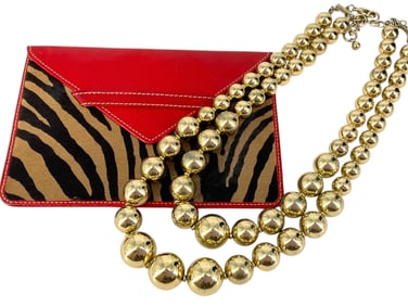 Vintage Designer "TUSK" Leather Wallet/Portfolio w/Dyed Calf Hair and Shiny Gold-Tone Big Bead