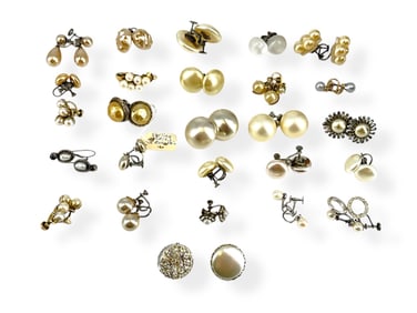 Collection of Vintage Faux Pearl Earrings - Most with Findings Marked "Sterling," Includes Five