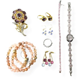 Fashion Jewelry in Shades of Pink Including Earrings Branded "Joan Rivers" and a Gruen Ladies' Watch