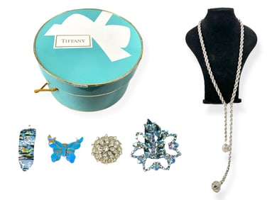 In a Small Tiffany Hatbox - Vintage Pins & Necklace, Dichroic Glass Pendant, Antique Chinese