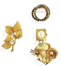 Vintage Swiss Villereuse Lapel Watch and Pin, Vintage Leaf and Circle Pins