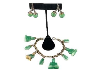 Vintage Bracelet with Green Color Asian-Styled Glass Charms and Vintage Sterling Silver Earrings