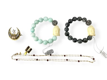 Branded "Monet" Necklace w/Original Retail Tag, Antique Crescent Pin in Enamel and Obsidian &