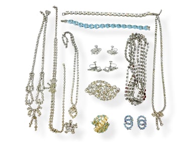 Various Vintage Rhinestone Pieces Including Opera Length Necklace, Hallmarked "Bogoff" Earrings and