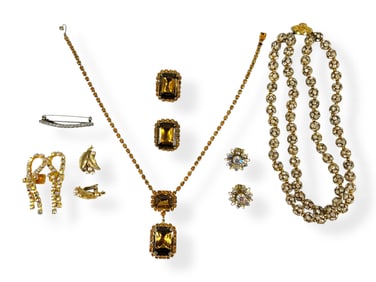 Gold-Tone Double-Strand DiamantÈ Bead Necklace, Iridescent Stone Shoe Clips, Amber-Color Vintage