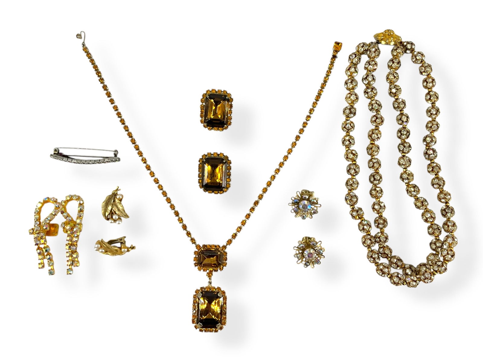 Gold-Tone Double-Strand DiamantÈ Bead Necklace, Iridescent Stone Shoe Clips, Amber-Color Vintage (1 of 8)