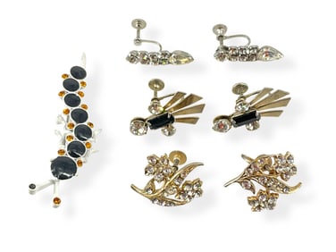Signed "Hollycraft" Cute Caterpillar Pin and Three Pair of Vintage Rhinestone Earrings