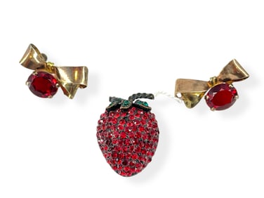 Signed "Weiss" Strawberry Brooch and Hallmarked "Dorsons" Gold-Filled Bow Earrings