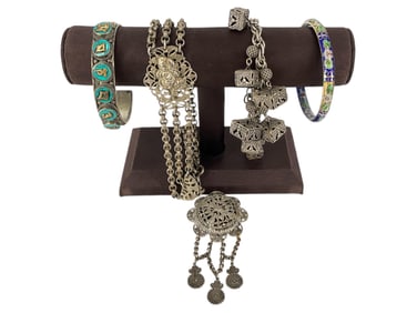 Silver-Tone Necklace, Brooch/Clip and Charm Bracelet, CloisonnÈ Bangle Bracelet and an Open Cuff