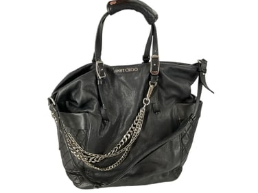JIMMY CHOO Edgy Black Leather Purse w/Silver-Tone Chain Features