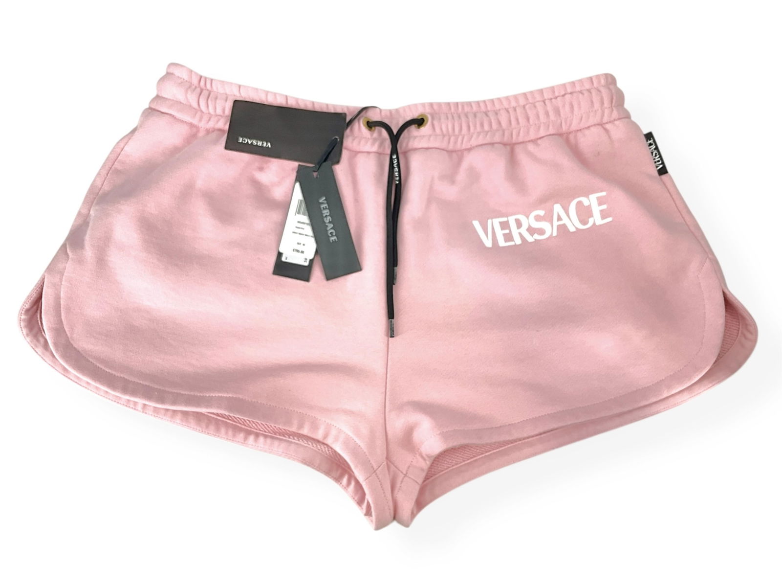 New Versace Shorts: New Versace ShortsBlush pink shorts with black tie, and stitched logo. size (48) - M, with the original tag, made in Italy.