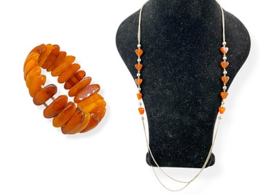 Butterscotch Amber Bracelet and Heart-Shaped Amber Pieces on Necklace
