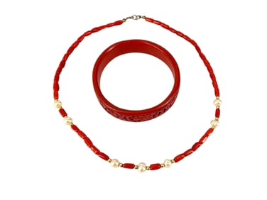 Coral & Pearl Necklace, Likely Cinnabar Bracelet