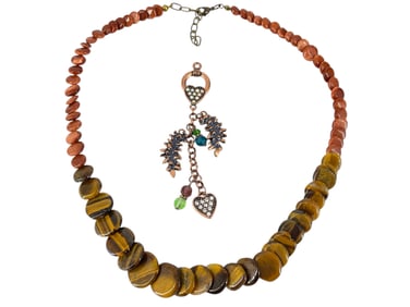 Cute Copper Charm Pendant and Trendy Tigers Eye w/Goldstone Necklace