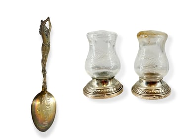Newport Sterling Salt & Pepper Shakers & Sterling Souvenir Spoon from Minnesota w/Indian Theme