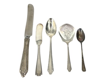 Five Pieces of Silver: Williamsburg Queen Anne Demitasse Silver Spoon, Sterling Butter Knife, Gorham