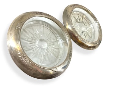 Two Larger Sized Vintage Silver & Glass Coasters
