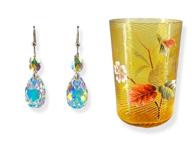 Antique Hand-Made Moser Glass w/Painted Flowers and Pontil Mark & Vintage Sparkling Earrings in
