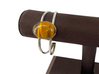 Silver Open-Cuff Bracelet with Tigers Eye Decoration