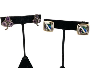 Silver Earrings with Inlaid Stones and Vintage Silver Cluster Earrings