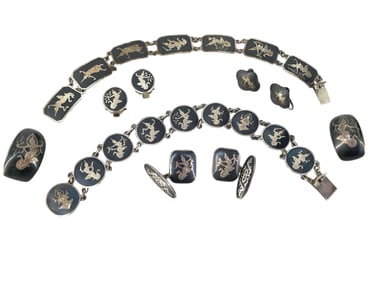 Niello Silver Jewelry - Misc Pieces Including Two Bracelets, Cufflinks and Three Pair of Earrings