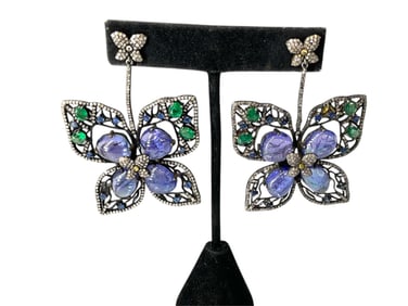 Gorgeous Tanzanite, Emerald and Diamond ìButterflyî Earrings in Silver