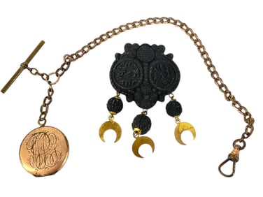 Antique Brooch w/Crescent Charm Drops and Vintage Watch Chain w/Locket Fob