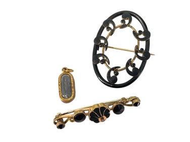 Victorian Shell Design Brooch, Antique Black Enamel Pin, Reliquary-Type Pendant