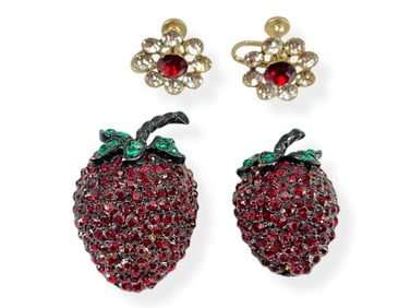 Two Vintage Signed ìWeissî Strawberry Pins And Vintage Fashion Earrings