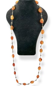 Clear-Amber Large Bead Necklace on Decorative Chain