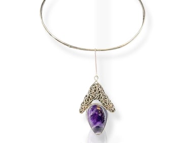 Sterling Silver Choker with an Amethyst Stone Slide Pendant
