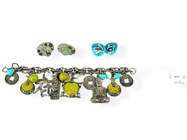 Vintage Charm Bracelet w/Mother-of-Pearl & Buddha Decoration, Vintage Enamel and Stone Matrix
