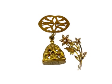 Sweet Antique Gold Floral Pin and Gold-Plated Fob