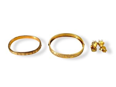 Vintage Jewelry: Floral Styled Earrings, Bangle Bracelets