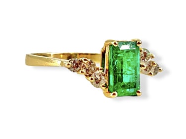 Sharp Step-Cut Emerald Ring w/Diamond Accents
