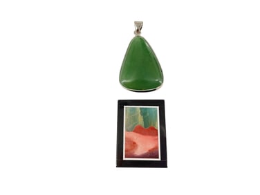 Small Pietra Dura Plaque & Silver-Tone Pendant w/Teardrop-Shaped Green Stone