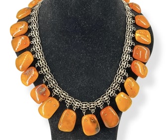Striking Bib Necklace w/Amber Drops